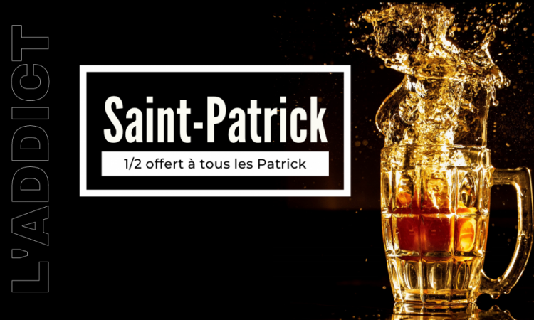 Vendredi 17 𝑳𝑨 𝑺𝑨𝑰𝑵𝑻-𝑷𝑨𝑻𝑹𝑰𝑪𝑲 𝑫𝑬 𝑳'𝑨𝑫𝑫𝑰𝑪𝑻  Nous célébrons le Saint-Patron des Irlandais.  Blonde, Blanche, Rousse, en pression ou bouteilles aromatisées faites votre choix !  ½ offert à tous les Patrick (sur présentation d’une pièce d’identité).